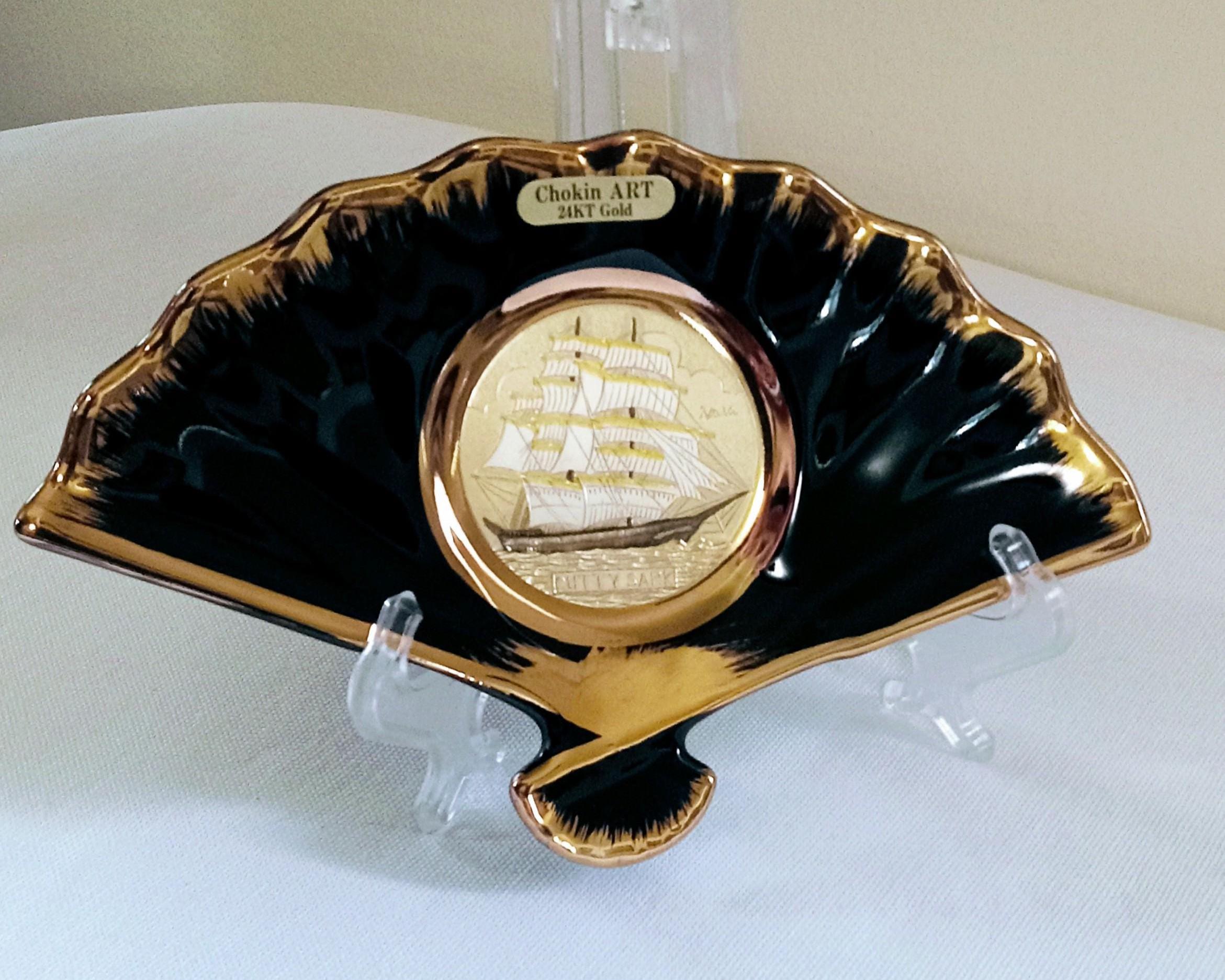 24KT Gold Chokin Art Fan Plate: Cutty Sark Clipper Ship by
