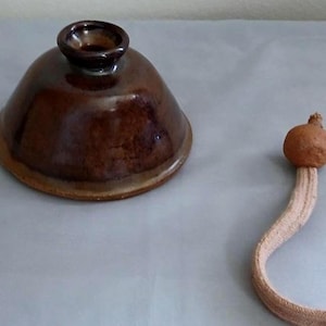 Unique Pottery Oil Lamp With Pottery Ball Wick Holder. 4 1/8" Wide, The Oil Holder Is 2 1/2" Tall And The Wick Holder Is 1". Tree Backstamp