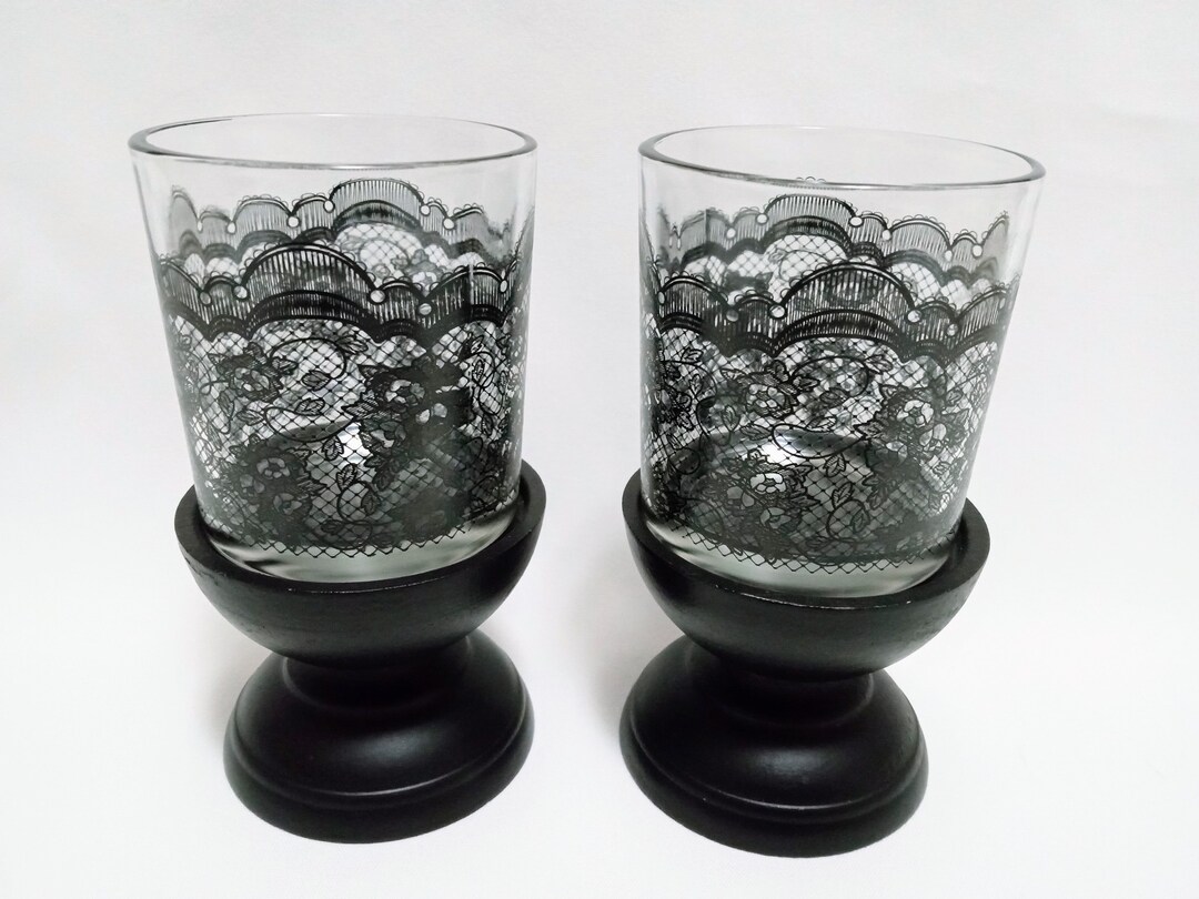 2 Black Lace Candle Holders With Black Bases Etsy