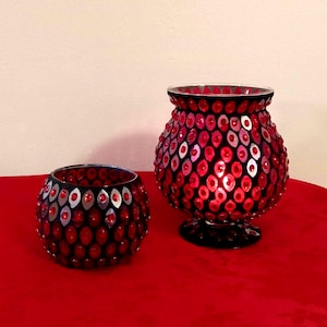 Set Of 2 Glass Candle Holders. Flat Black Covered With Leaf Shaped Mirrors And Oval Ruby Red Faux Stones. One Is 7" Tall And One Is 3 1/2"