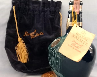 1960's (Empty) Royal Salute Scotch Whiskey Flagon With Tag And Bag. Dark Teal Flagon Made By Spode For Chivas Brothers