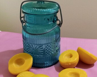 1970's Avon, Unused "Country Peaches" Country Blue Glass Jar, Glass Lid With Bail Wire Latch And 6 Peach Scented Soaps. Perfect Condition