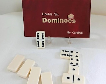 Cardinal Bakelite (28) Double Six Pavilion Dominoes In Burgundy And Gold Vinyl Case With Snap. In Unused Condition