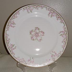 May include: A white porcelain dinner plate with a gold rim and a delicate floral pattern in shades of pink and green.
