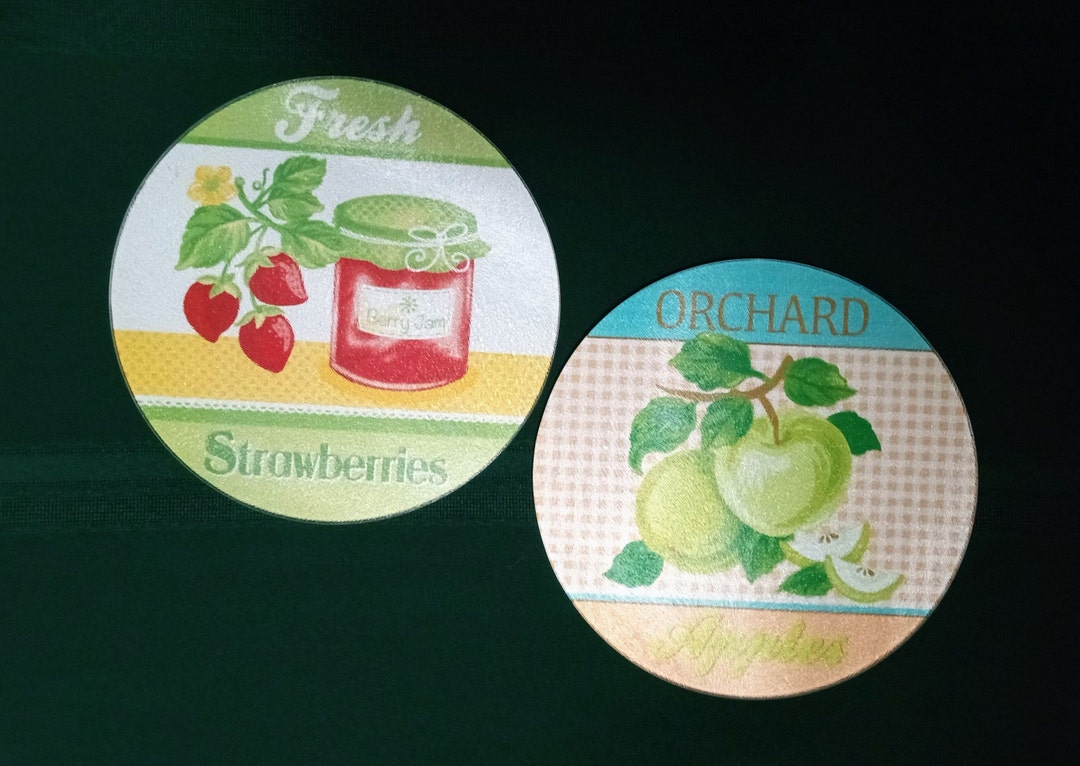 Set of 2 Vintage Round, Textured Tempered Glass Cutting Boards/trivets With Apples and