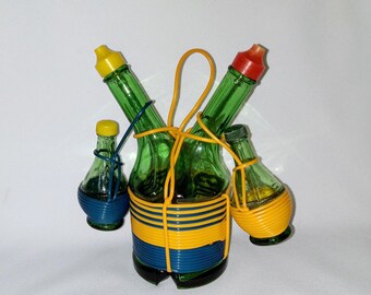 Lobeco, Chianti Style Oil, Vinegar, Salt And Pepper Shaker Set. Emerald Green Glass Wrapped In Blue And Yellow Rattan. Made In Italy