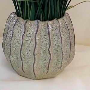 May include: A round ceramic planter with a textured, speckled light green glaze and vertical wavy ridges. The surface features a porous, crater-like finish with darker lines separating the ridges. Green grass-like foliage extends from the top.