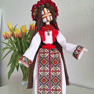 Ukrainian MotankaDoll with Embrodoidered Dress, Protective Symbol, Red Flower Crown and Solar Neckace, Handmade Slavic Folk Art, Slavicgift