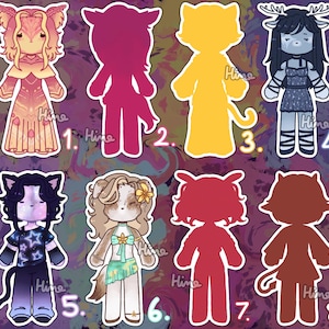 Op de afbeelding: Een verzameling van acht karakterstickers gerangschikt in twee rijen. Vier stickers bevatten gedetailleerde illustraties van antropomorfe figuren met unieke outfits en haar, terwijl de andere vier effen gekleurde silhouetten zijn, genummerd van 1 tot 8.