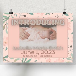 Pink Floral/Leaf Birth Announcement for Newborn Baby - Downloadable Template
