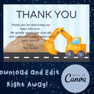 Tarjeta de agradecimiento de Baby Shower de construcción - Totalmente personalizable, descarga instantánea