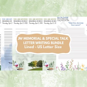 May include: A letter writing bundle with lined pages, featuring the text "JW Memorial & Special Talk Letter Writing Bundle Lined - US Letter Size." The design includes floral and nature-themed illustrations, and text that reads "You Are Invited!" and "Who Will Restore The Earth?"