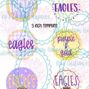 Könnte beinhalten: Ein digitales Vorlagenblatt mit sechs kreisförmigen Designs mit einem Durchmesser von 7,62 cm. Die Grafiken enthalten violette und goldene Farbschemata, den Text EAGLES oder purple & gold sowie Illustrationen von Footballs.
