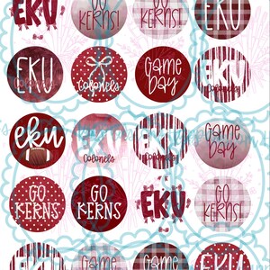 May include: A sheet of twenty circular stickers labeled 1 inch template, featuring various designs in red and white. The stickers display text including EKU, Go Kerns, Colonels, and Game Day, with patterns such as plaid, polka dots, and stripes.