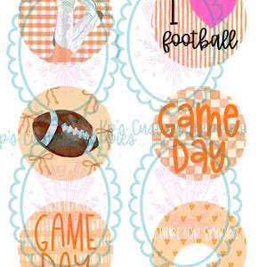 May include: A set of six circular stickers featuring football-themed designs. Graphics include white cowboy boots on orange gingham, a pink heart with text I love football, a brown football, and orange text reading Game Day and Here for snacks.