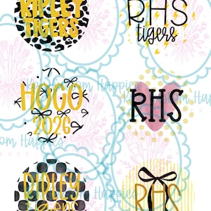 Puede incluir: Una hoja digital de seis diseños gráficos circulares con temas de espíritu escolar. Los diseños incluyen texto como RIPLEY TIGERS, RHS tigers, HOGO 2026 y RHS, con patrones como estampado de leopardo, rayos, corazones, cuadros y lazos en amarillo y negro.