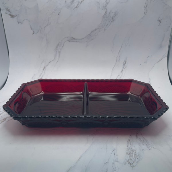 Avon 1876 Cape Cod Collection Ruby Red Divided Relish Dish 9.3" Long Vintage Glass Collectible Sandwich Glass