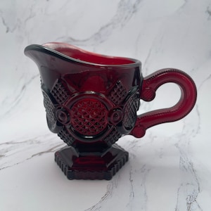 Avon 1876 Cape Cod Collection Ruby Red Creamer Pitcher 4" Tall vintage Glass Collectible Sandwich Glass