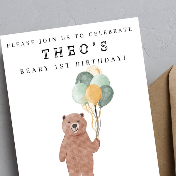 Beary First birthday invitation Canva editable digital download template