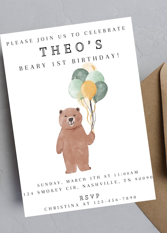 Beary First birthday invitation Canva editable digital download template