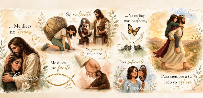 Op de afbeelding: Digitale kunst met religieuze afbeeldingen van Jezus en mensen. Het kunstwerk bevat Spaanse tekst, een vlinder en een vissymbool. Het kleurenpalet is zacht met warme tinten.