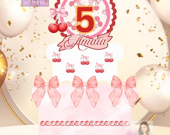 Digitale kersencocktail taarttopper, meisje verjaardagsfeestje, taart topper svg, Cherry verjaardag svg, Instant Download, Cherry Bow taart topper
