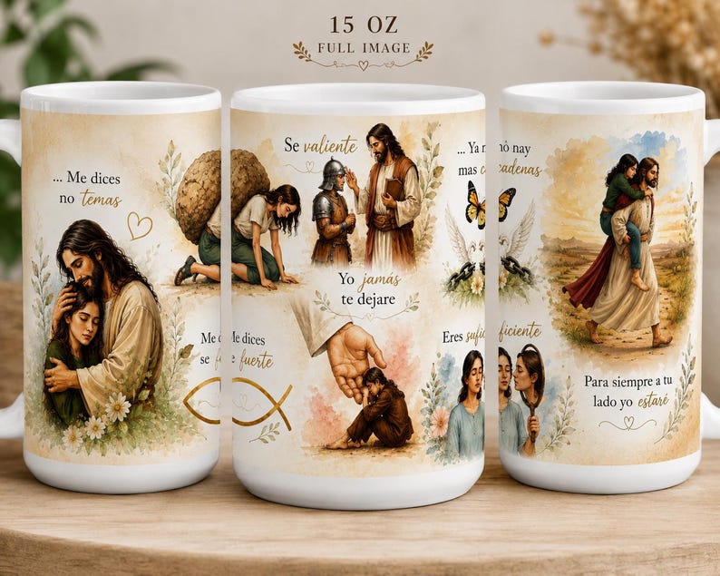 Op de afbeelding: Witte keramische mok met religieuze illustraties en Spaanse tekst. De mok toont afbeeldingen van Jezus met mensen, vlinders en inspirerende zinnen. De mok is 444 ml en heeft een volledig beeldontwerp.