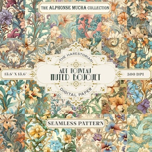 Può includere: Un pacchetto di carta digitale con un motivo floreale senza cuciture in tonalità di blu, verde, giallo e rosa. Il motivo è ispirato allo stile Art Nouveau ed è perfetto per progetti di artigianato. Il testo "The Alphonse Mucha Collection" e "Art Nouveau Muted Bouquet" è incluso nell'immagine.