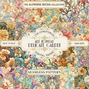 May include: A digital paper pack featuring a seamless pattern of Art Nouveau style floral designs in shades of blue, green, yellow, and pink. The text "Art Nouveau Delicate Garden" is displayed in a gold frame.