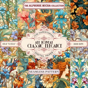 May include: A set of eight digital papers featuring Art Nouveau style floral patterns in shades of blue, green, yellow, orange, and red. The papers are 13.6 inches by 13.6 inches and 300 DPI. The text "THE ALPHONSE MUCHA COLLECTION" and "ART NOUVEAU CLASSIC ELEGANCE" is included in the image.