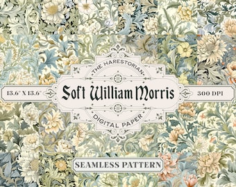 May include: A seamless pattern digital paper featuring a soft, floral design in shades of green, blue, and white. The pattern is inspired by the work of William Morris and is perfect for crafting projects.