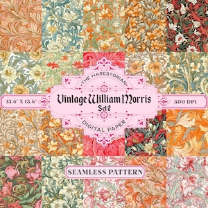 Op de afbeelding: Een digitaal papierpakket met 12 naadloze patronen geïnspireerd door de ontwerpen van William Morris. De patronen zijn in vintage stijl en bevatten bloemmotieven in tinten oranje, geel, groen en rood. De tekst "Vintage William Morris Set 2" wordt weergegeven op een roze banner.