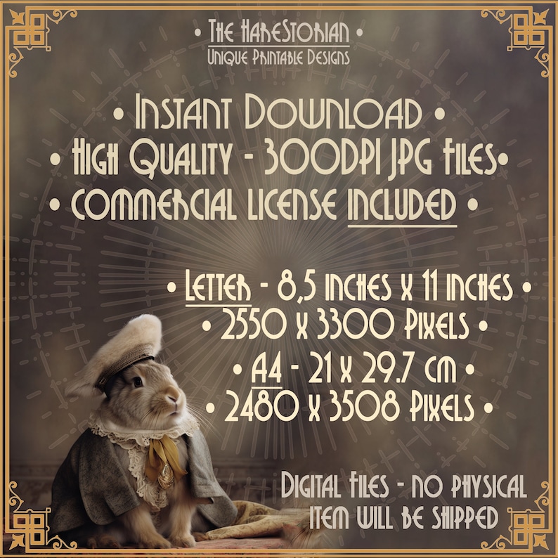 May include: A digital download of a printable image featuring a rabbit wearing a sailor hat and a vintage-style coat. The image is available in two sizes: 8.5 inches by 11 inches (2550 x 3300 pixels) and 21 cm by 29.7 cm (2480 x 3508 pixels). The image is high quality and includes a commercial license.