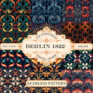 May include: A digital paper pack with six seamless patterns featuring intricate floral designs in shades of blue, green, red, and gold. The patterns are arranged in a grid with a title card that reads "THE HARESTORIAN BERLIN 1822 DIGITAL PAPER SEAMLESS PATTERN 300 DPI 13.6" X 13.6"