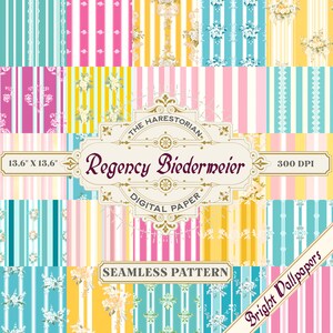 May include: A digital paper pack with 12 seamless patterns in a Regency Biedermeier style. The patterns feature stripes in pink, yellow, blue, and white with floral accents. The paper pack is 13.6 inches by 13.6 inches and 300 DPI.