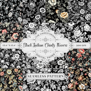 Black Indian Chintz (Set of 16), Flowers Wallpaper, Digital Art, Instant Download, Printable Paper, Scrapbook, Seamless Pattern
