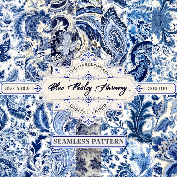 Blue Paisley Harmony (Set of 14), Oriental Boteh Pattern, Digital Art, Instant Download, Printable Paper, Scrapbook, Seamless Pattern