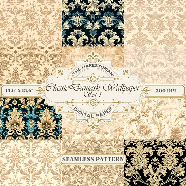 Classic Damask (Set of 12), Vintage Wallpaper, Digital Art, Instant Download, Printable Paper, Scrapbook, Seamless Pattern