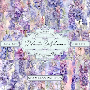 Delicate Delphinium (Set of 18), Magical Flowers, Watercolor, Digital Art, Instant Download, Printable Paper, Scrapbook, Seamless Pattern