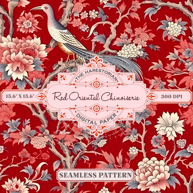 Red Chinoiserie (set of 11), Eastern Asian Pattern, Birds, Digital Art ...