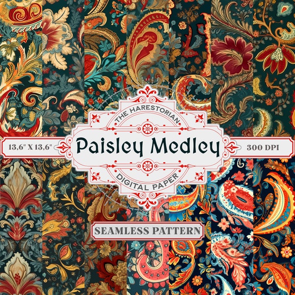 Paisley Medley (Set of 14), Oriental Boteh Pattern, Digital Art, Instant Download, Printable Paper, Scrapbook, Seamless Pattern