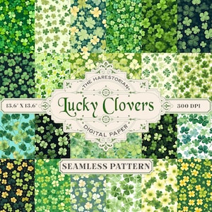 Op de afbeelding: Een set van 12 digitale papierpatronen met verschillende groene klaverontwerpen. De patronen zijn naadloos en perfect voor knutselprojecten. De tekst "Lucky Clovers" wordt weergegeven in een vintage-stijl banner.