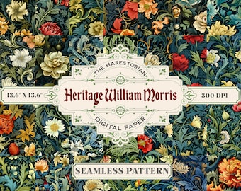 May include: A seamless pattern digital paper featuring a vintage floral design with red, yellow, and white flowers on a dark blue background. The text "THE HARESTORIAN. Heritage William Morris DIGITAL PAPER SEAMLESS PATTERN 300 DPI" is displayed on the image.