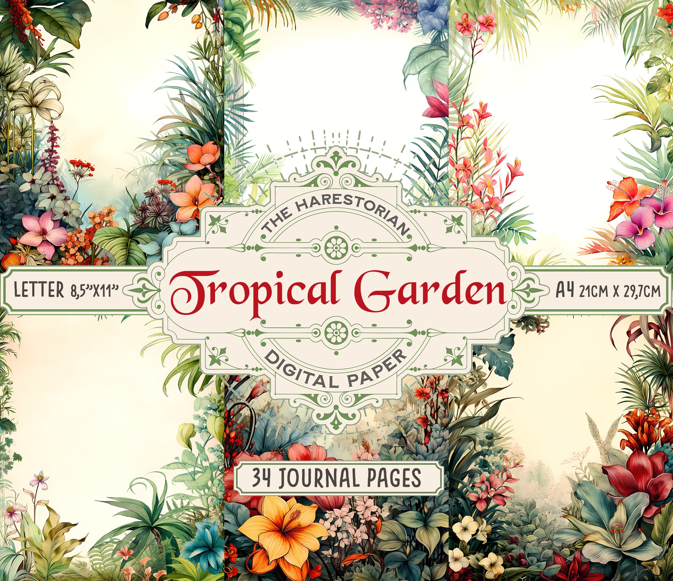 Tropical Garden (set of 34), Junk Journal Pages, Letter & A4, Hawaiian ...