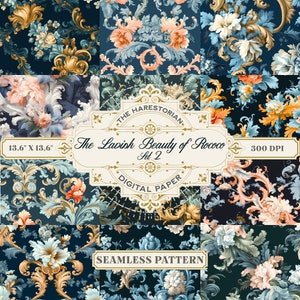 Könnte beinhalten: Ein Set aus neun digitalen Papiermustern mit filigranen Blumen- und Rollendesigns in Blautönen, Gold und Pfirsich. Die Muster sind nahtlos und perfekt für Bastelprojekte, Scrapbooking und digitales Design. Der Text "The Lavish Beauty of Rococo Set 2" wird in einem goldenen Banner angezeigt.