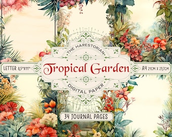 Tropical Garden (Set of 34), Junk Journal Pages, Letter & A4, Hawaiian Flowers, Digital Art, Instant Download, Printable Paper, Scrapbook