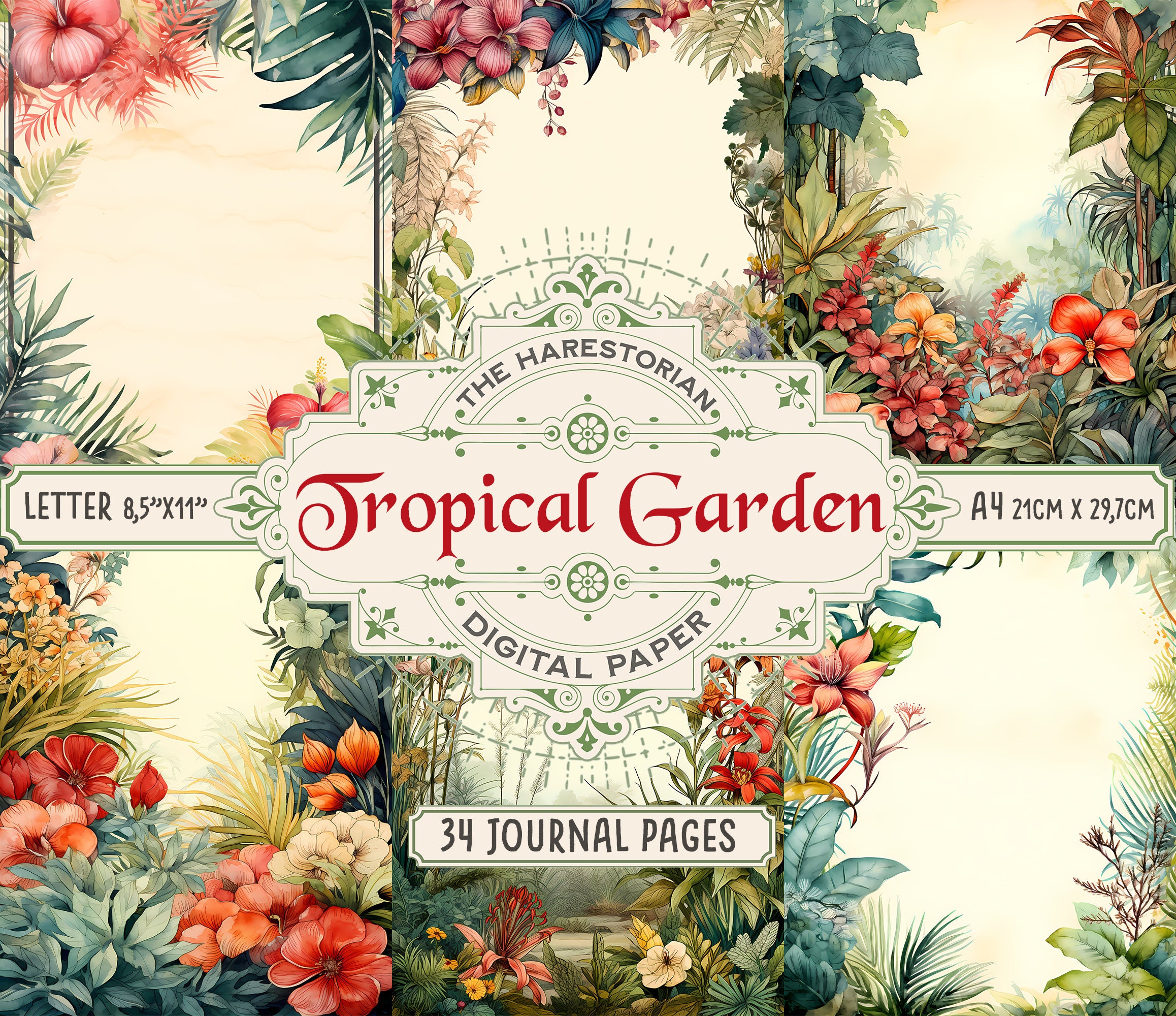 Tropical Garden (set of 34), Junk Journal Pages, Letter & A4, Hawaiian ...