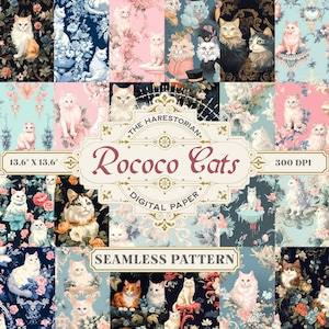May include: A digital paper pack with 12 seamless patterns featuring cats in a rococo style. The patterns are in shades of blue, pink, and white with floral accents. The text "The Harestorian Rococo Cats Digital Paper Seamless Pattern" is displayed on the image.