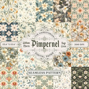 May include: Sixteen digital paper patterns with floral designs in a grid arrangement. The patterns feature a variety of colors, including white, blue, orange, and green. The text "Pimpernel" and "Sage Green" are visible. The paper size is 34.5 cm x 34.5 cm.
