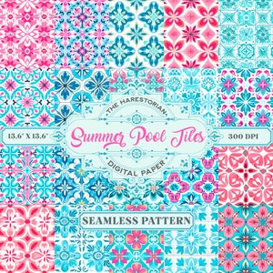 May include: A set of 12 digital paper patterns featuring colorful, geometric tile designs in shades of blue, pink, and white. The patterns are seamless and can be used for a variety of crafting projects, such as scrapbooking, card making, and digital design. The text "Summer Pool Tiles" is included in the image.